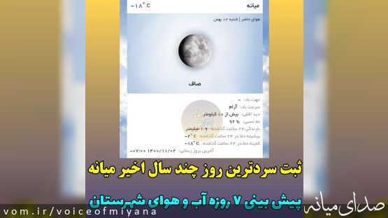 ثبت سردترین روز سال در شهرستان میانه/ پیش بینی آب و هوای هفته